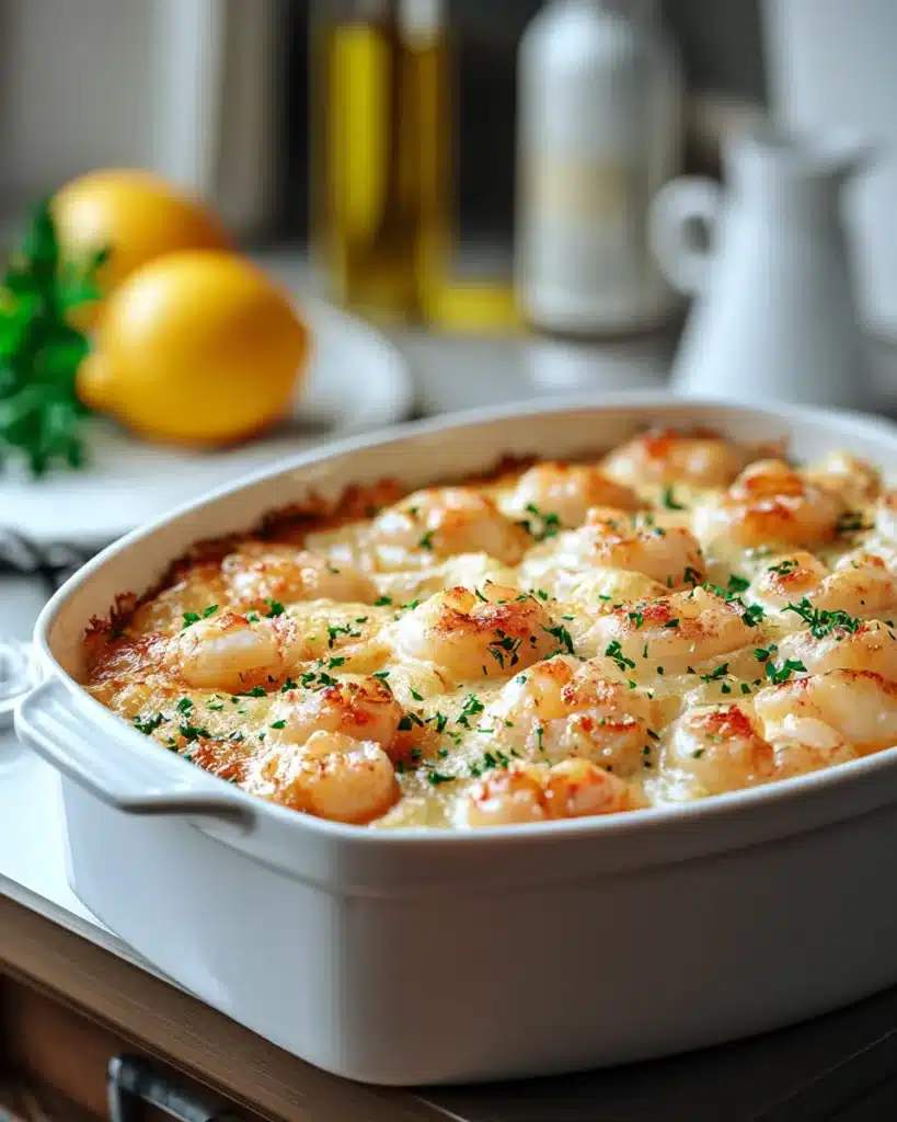 Golden seafood casserole with shrimp and scallops in white baking dish