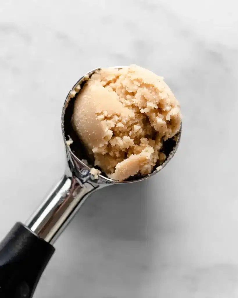 Close-up of snickerdoodle cookie dough in a metal scoop with a black handle.