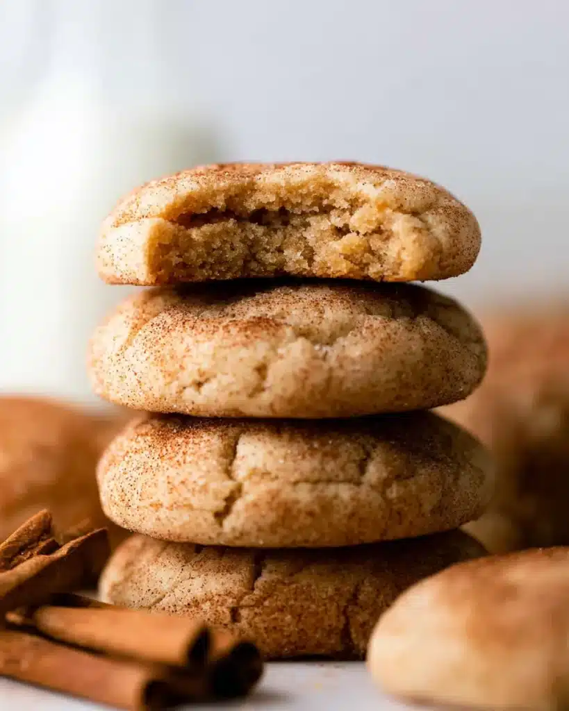Stacked snickerdoodle cookies with one broken open, showing the chewy interior and cinnamon sugar topping.