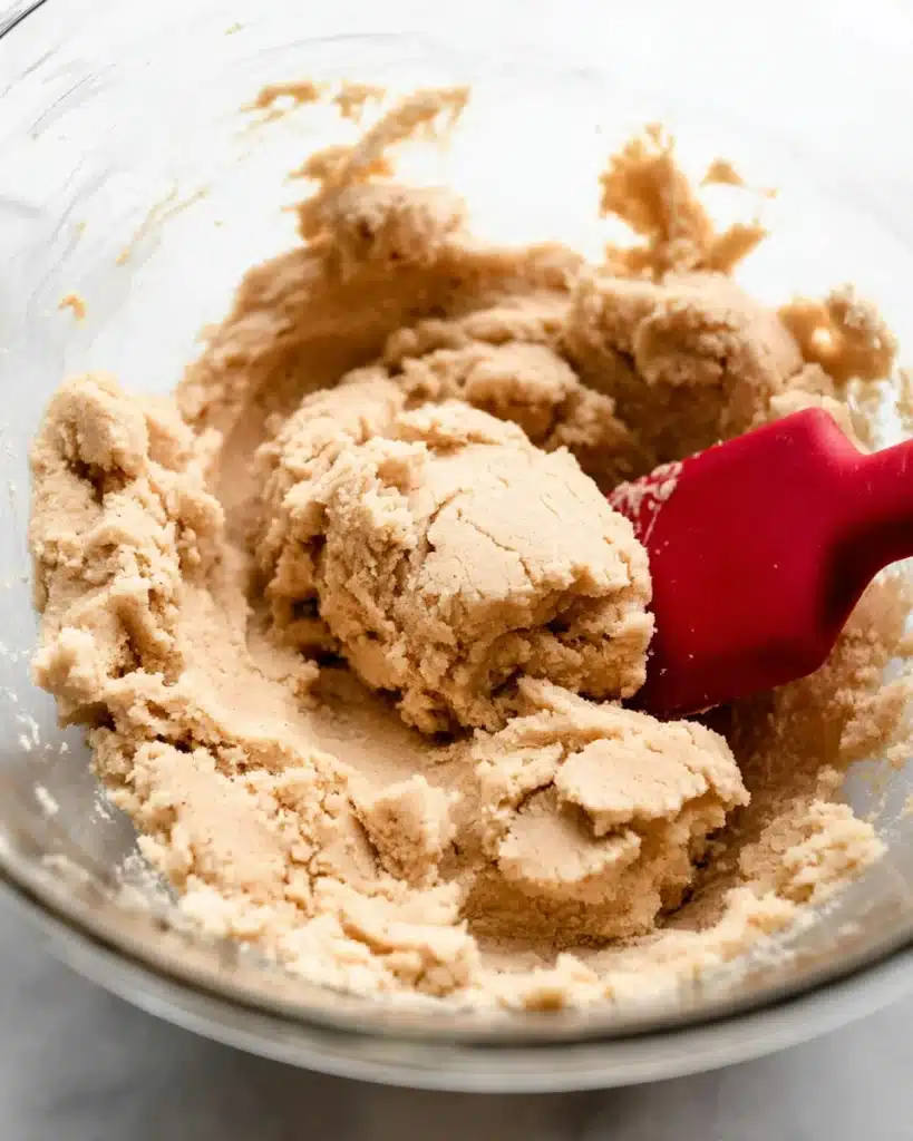 Close-up of snickerdoodle cookie dough in a glass bowl with a red spatula.