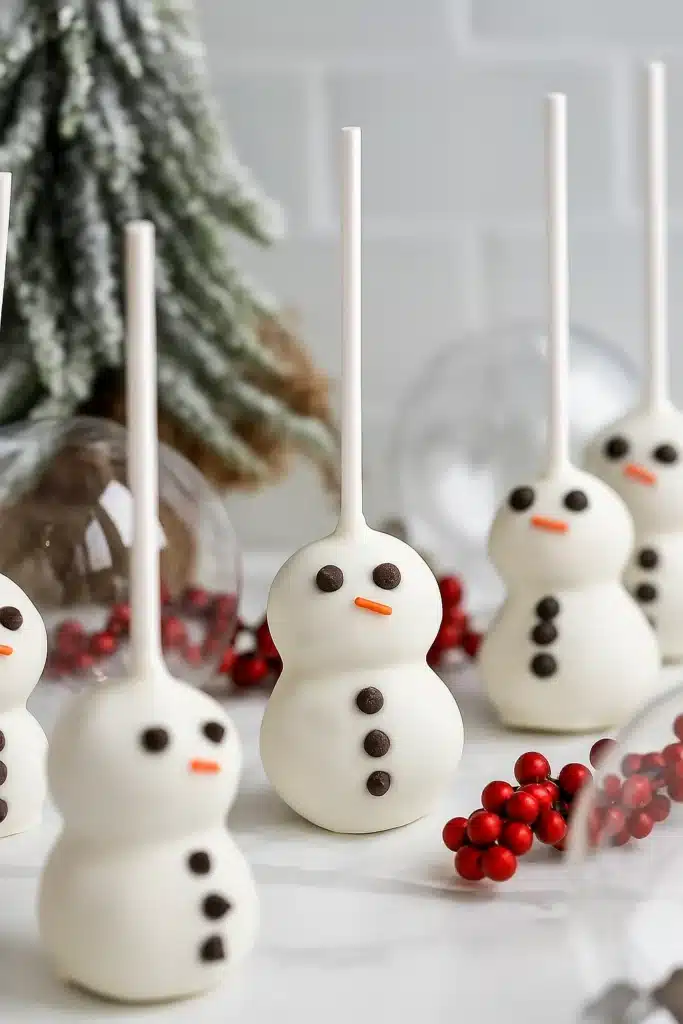 Finished snowman cake pops with white chocolate and red berries