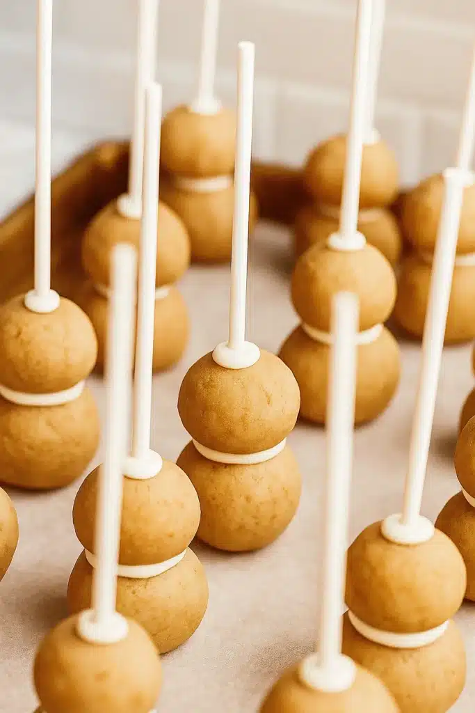 Uncoated snowman cake pops stacked on sticks before dipping