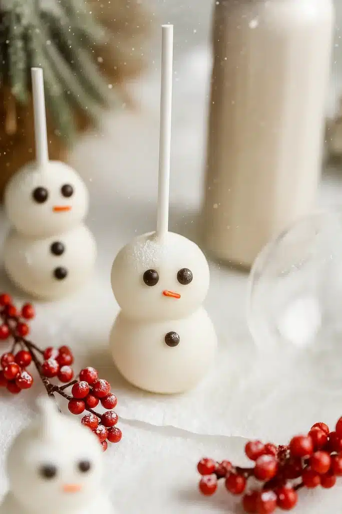Snowman cake pops with white chocolate coating and festive powdered sugar