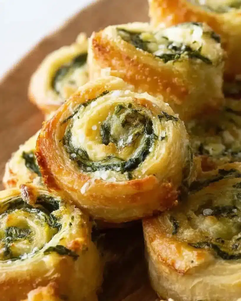 Close-up of spinach dip puff pastry pinwheels with creamy filling