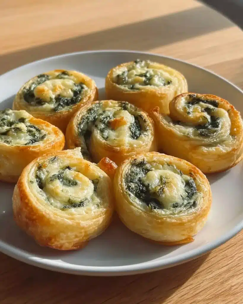 Golden spinach dip puff pastry pinwheels in sunlight on white plate