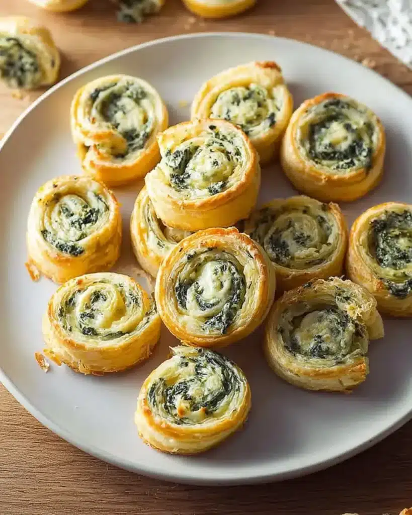 Golden spinach dip puff pastry pinwheels on white plate