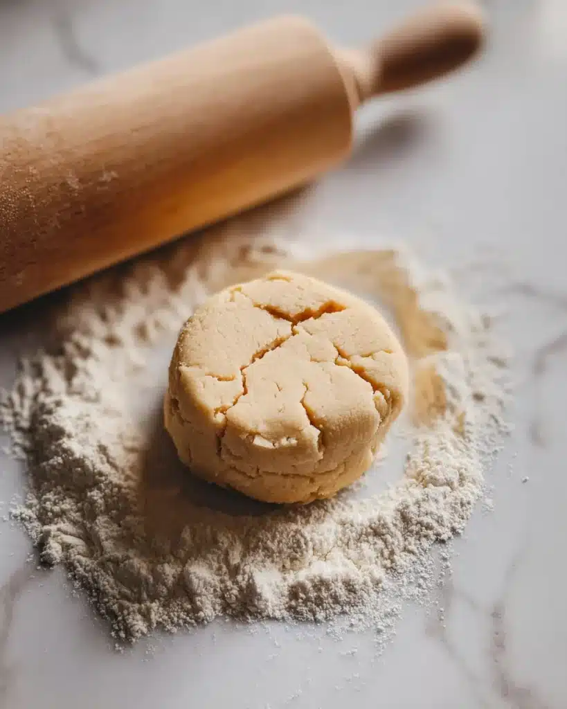 Chilled cookie dough ball on a marble countertop with a wooden rolling pin