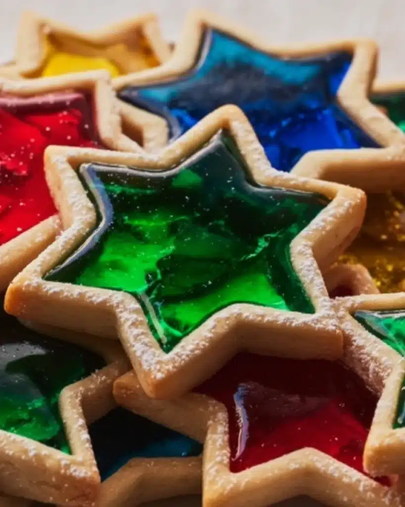 Close-up of star-shaped stained glass cookies with colorful candy centers and powdered sugar