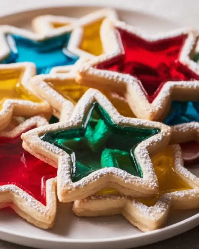Finished star-shaped stained glass cookies with vibrant candy centers and powdered sugar dusting