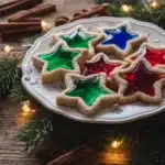 Star-shaped stained glass Christmas cookies with colorful candy centers on a festive plate
