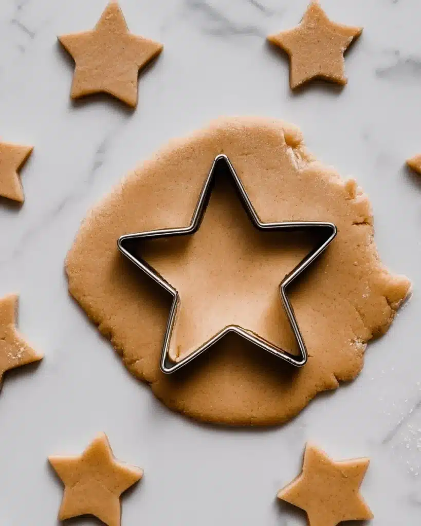 Star-shaped cookie dough being cut on a marble countertop for stained glass cookies
