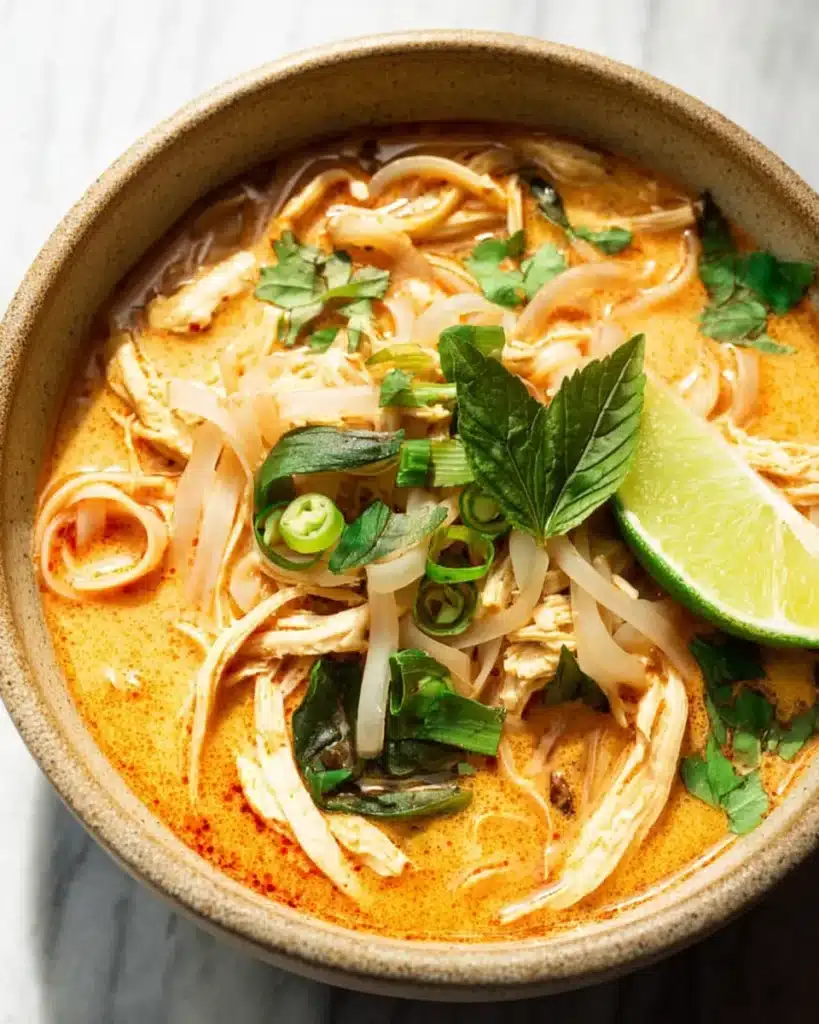 Thai chicken curry soup with noodles, chicken, herbs, and lime in a creamy coconut broth