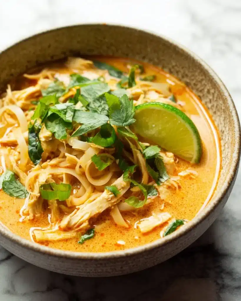Bowl of Thai chicken curry soup with noodles, chicken, and fresh herbs