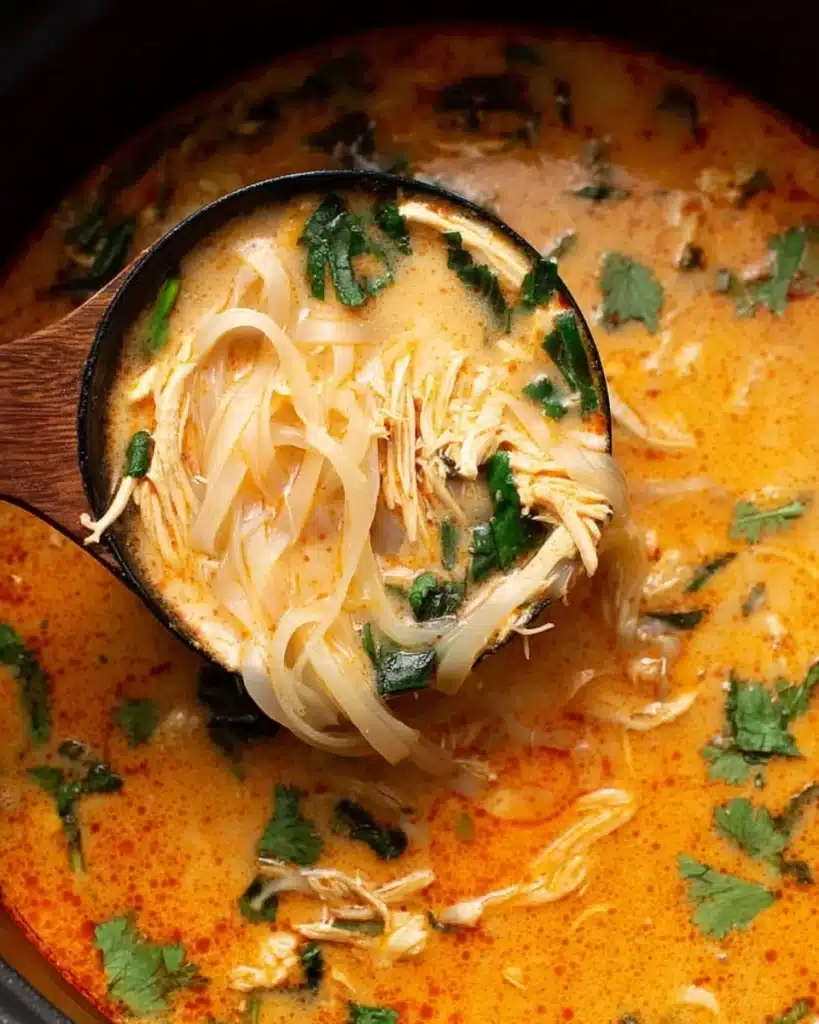 Ladle scooping Thai chicken curry soup with noodles and herbs