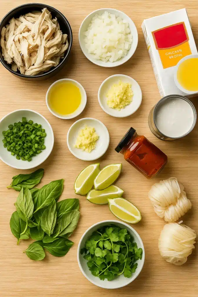 Ingredients for Thai chicken curry soup including chicken, herbs, and coconut milk