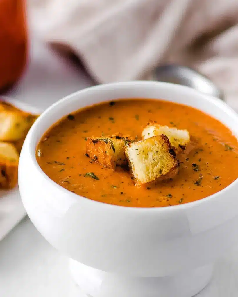 Creamy tomato basil soup with croutons in a white bowl