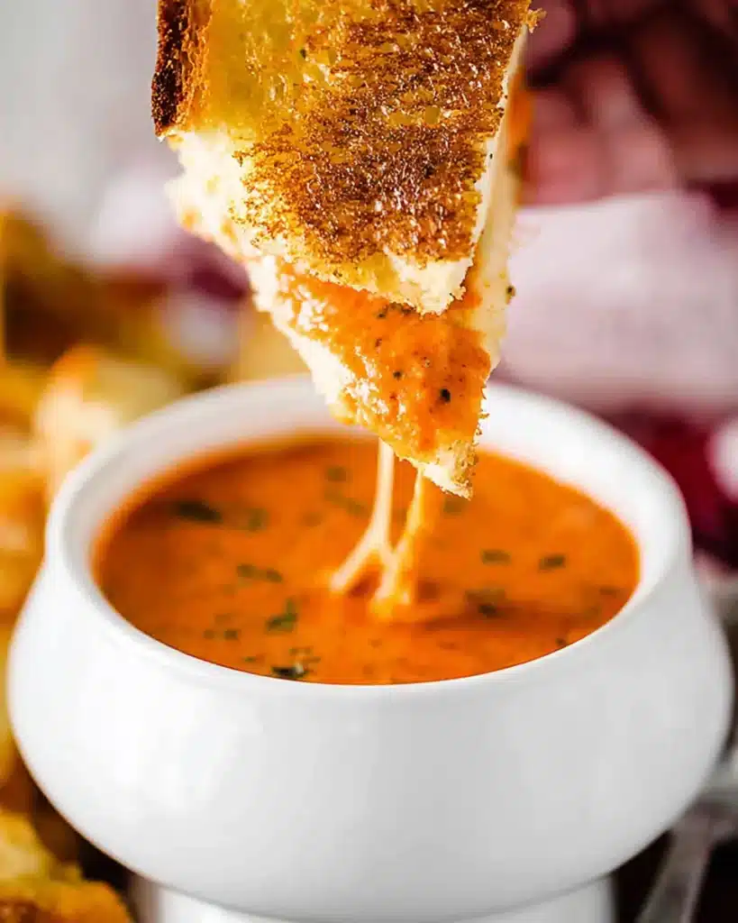 Grilled cheese sandwich dipped in creamy tomato basil soup