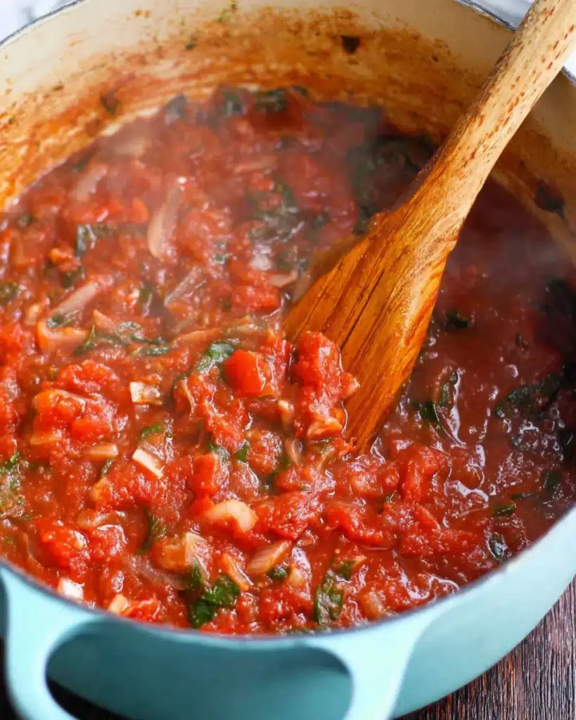 Tomato basil soup base simmering in a Dutch oven with wooden spoon