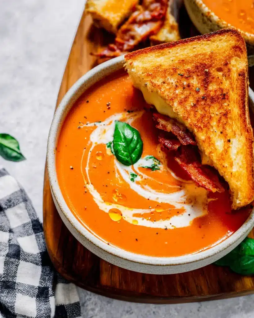 Creamy tomato bisque soup with grilled cheese and basil garnish