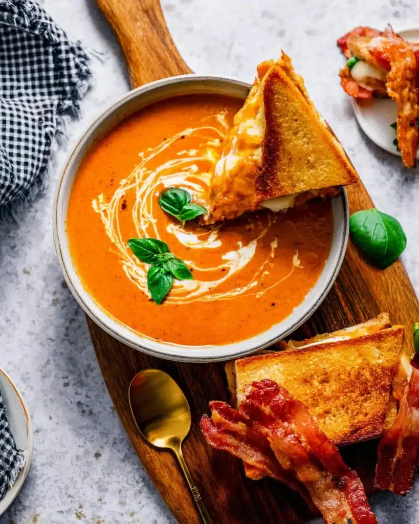 Creamy tomato bisque soup with grilled cheese sandwich and basil garnish