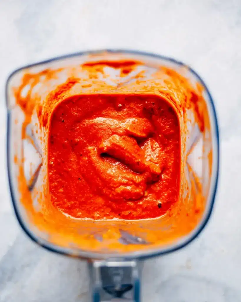 Smooth blended roasted tomatoes for creamy tomato bisque soup