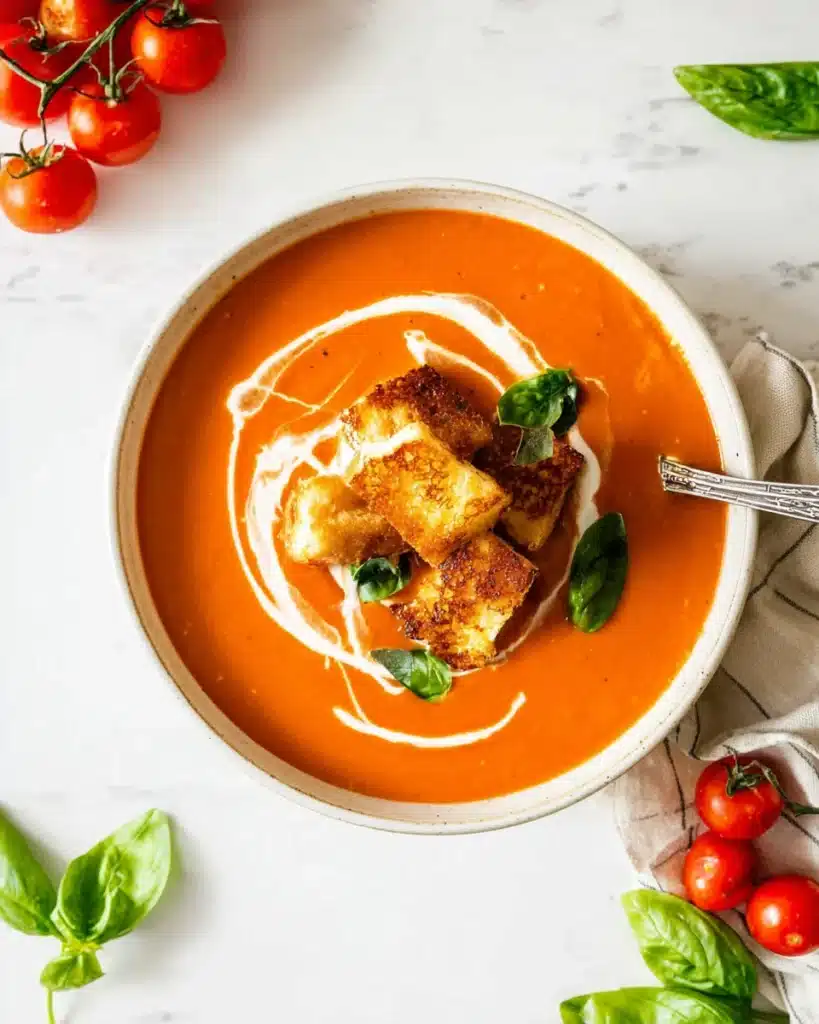Creamy roasted tomato soup with grilled cheese croutons and basil garnish on a wooden table