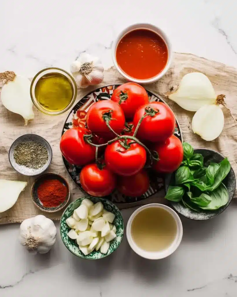 Fresh ingredients for roasted tomato soup on a light surface