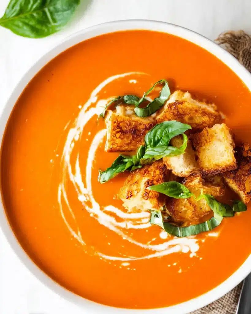 Close-up of creamy roasted tomato soup with grilled cheese croutons and basil garnish