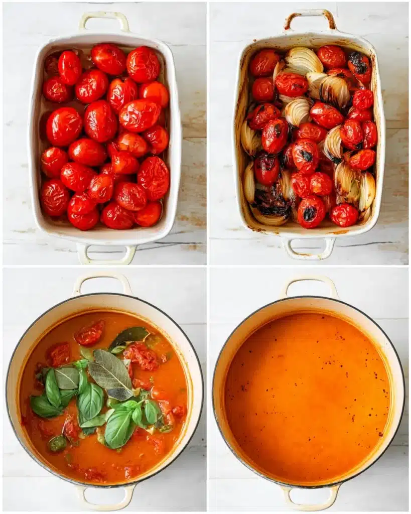 Step-by-step process of making roasted tomato soup with basil