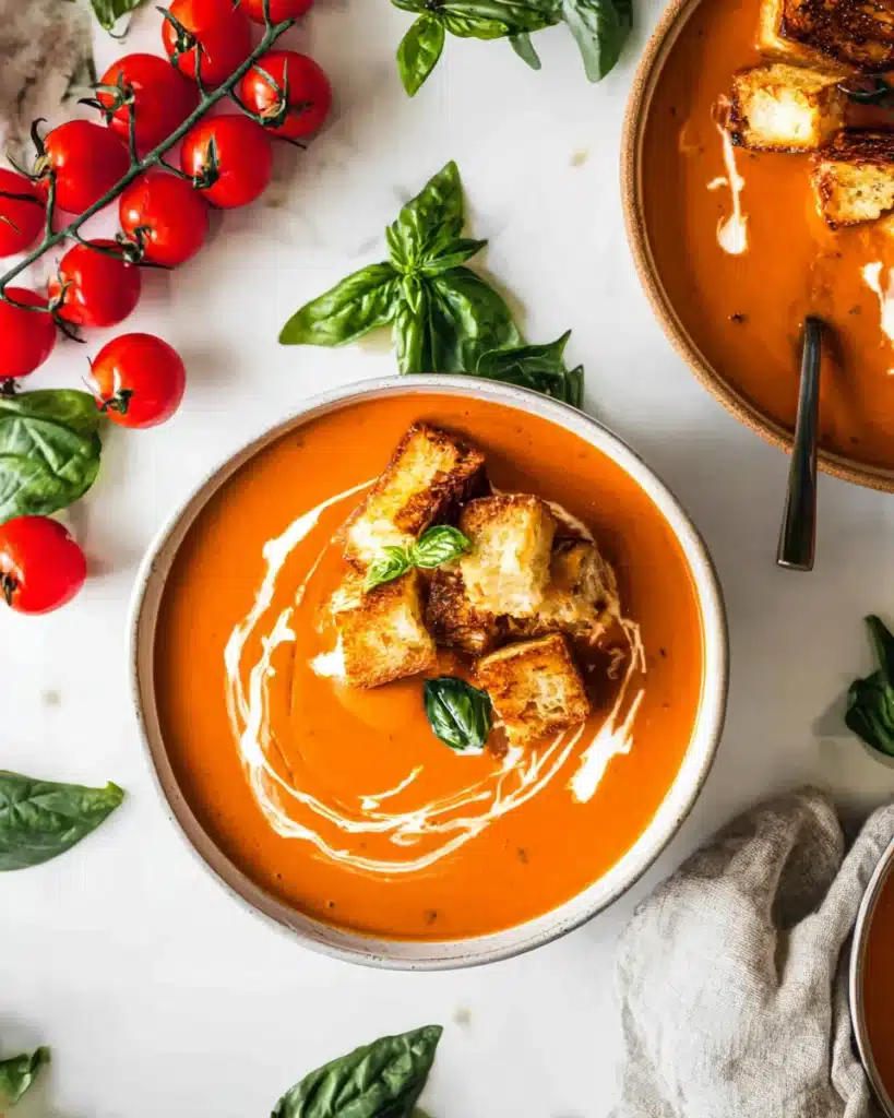 Bowl of creamy roasted tomato soup with grilled cheese croutons and basil next to Dutch oven