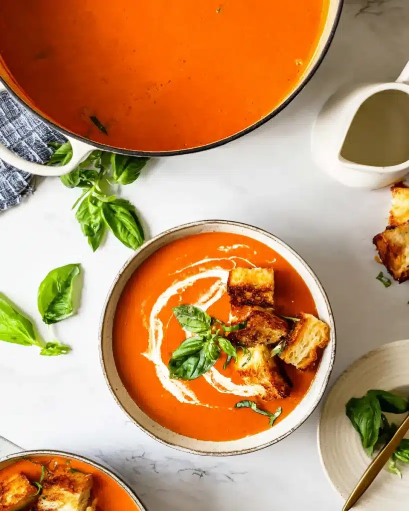 Creamy roasted tomato soup with grilled cheese croutons and basil leaves