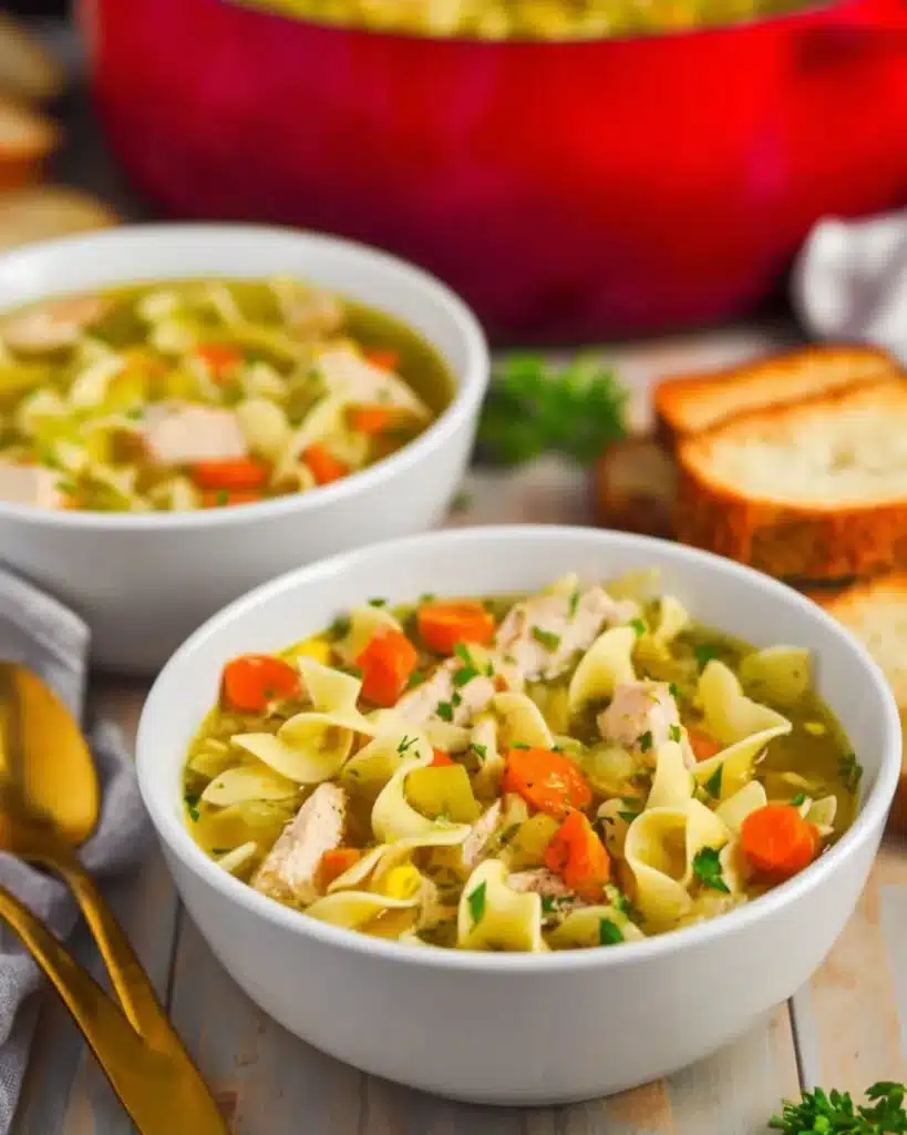 Two bowls of turkey noodle soup with noodles, turkey, and carrots