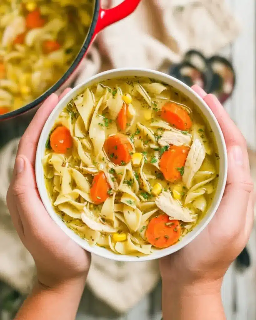Hands holding a warm bowl of turkey noodle soup with noodles and carrots