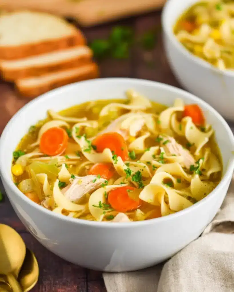 Warm bowl of turkey noodle soup with noodles, turkey, and carrots