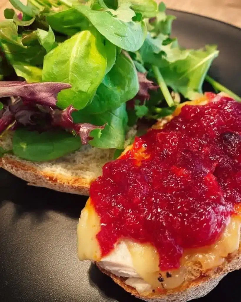 Open-faced turkey sandwich with cranberry sauce, greens, and melted cheese