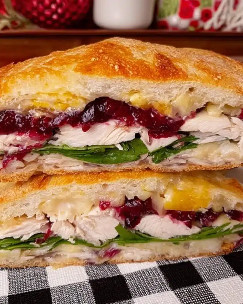 Stacked turkey sandwich with cranberry sauce, Gouda, and spinach on ciabatta bread