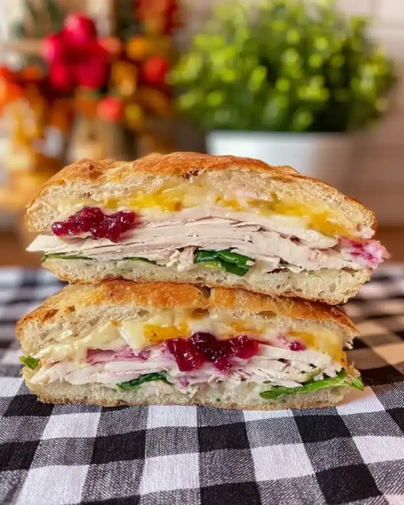 Thanksgiving turkey sandwich with cranberry sauce and gouda on ciabatta bread