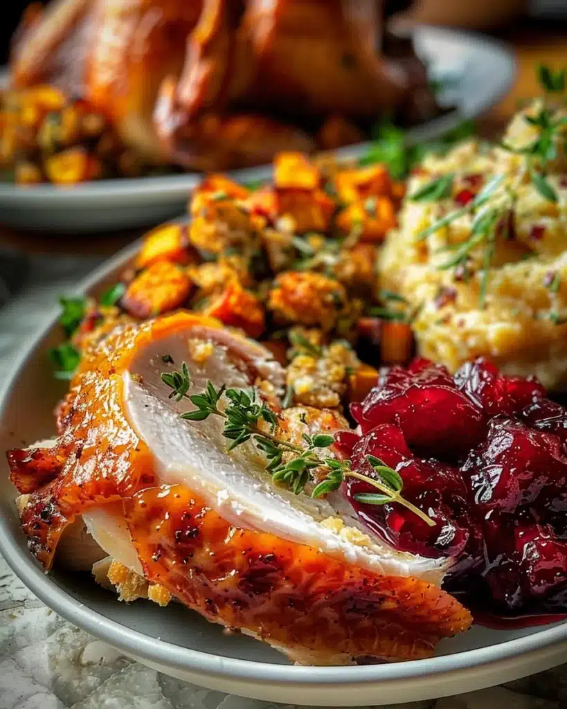 Thanksgiving turkey with stuffing, mashed pumpkin, and cranberry sauce