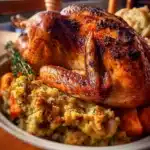 Golden roasted turkey with mashed sweet potatoes and herb stuffing on a Thanksgiving plate