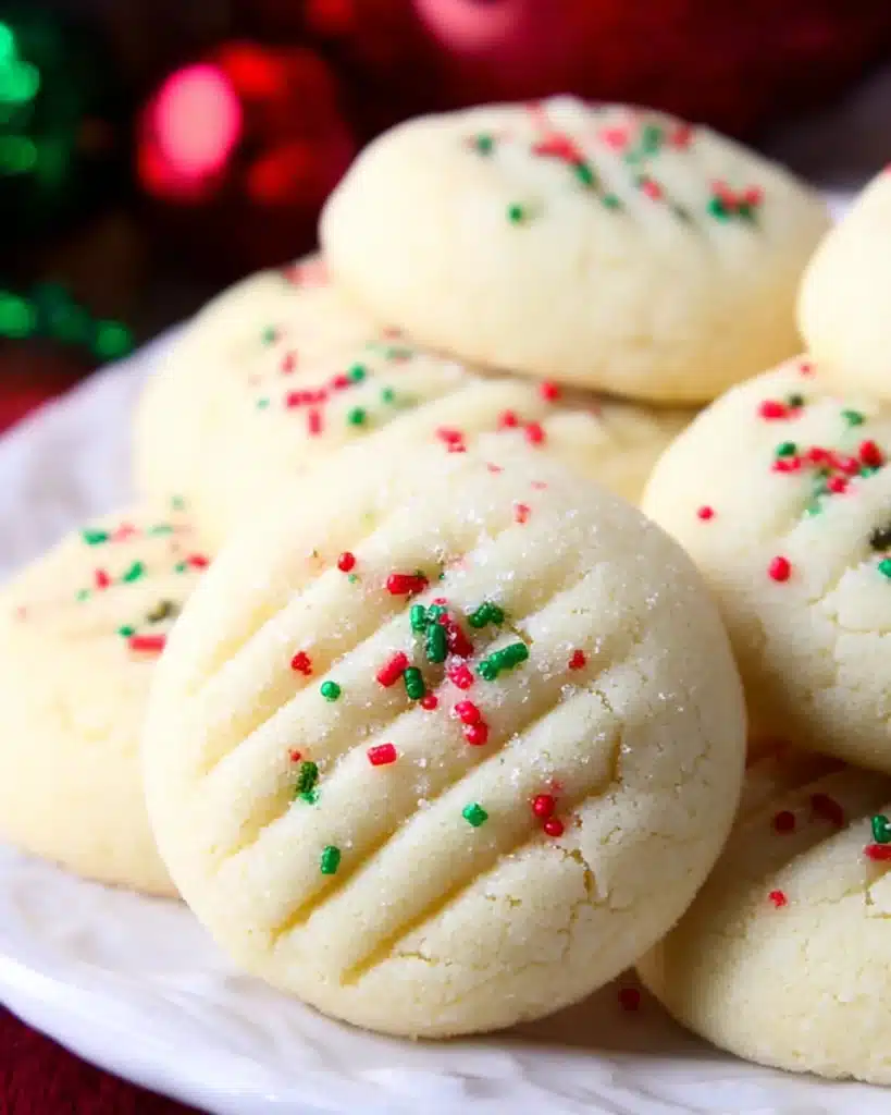 Whipped shortbread cookies with colorful sprinkles, arranged on a plate for a festive holiday treat.
