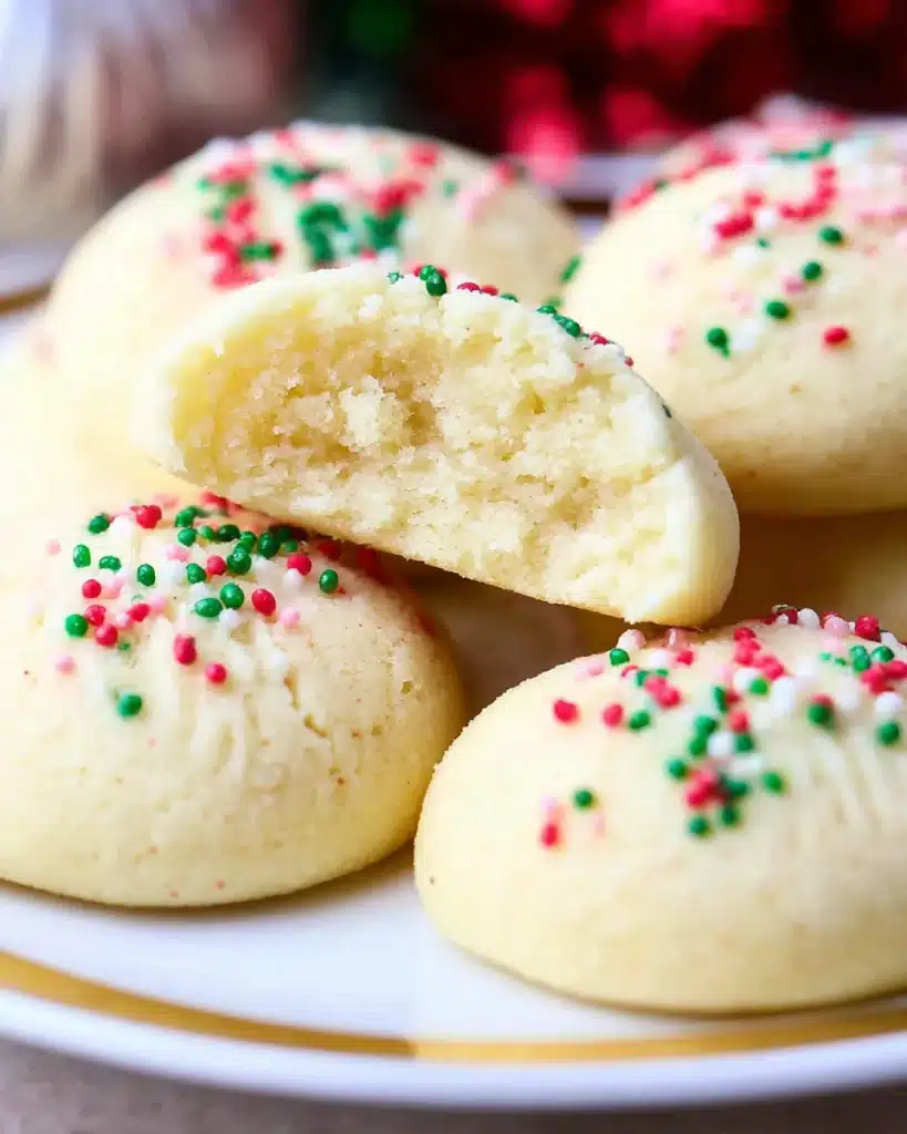 Whipped shortbread cookies with colorful sprinkles, one halved to show soft, crumbly texture.