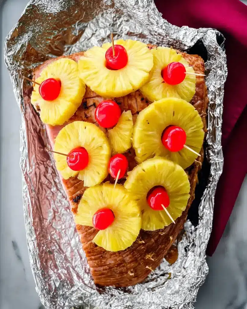 Ham topped with pineapple rings and cherries ready to bake