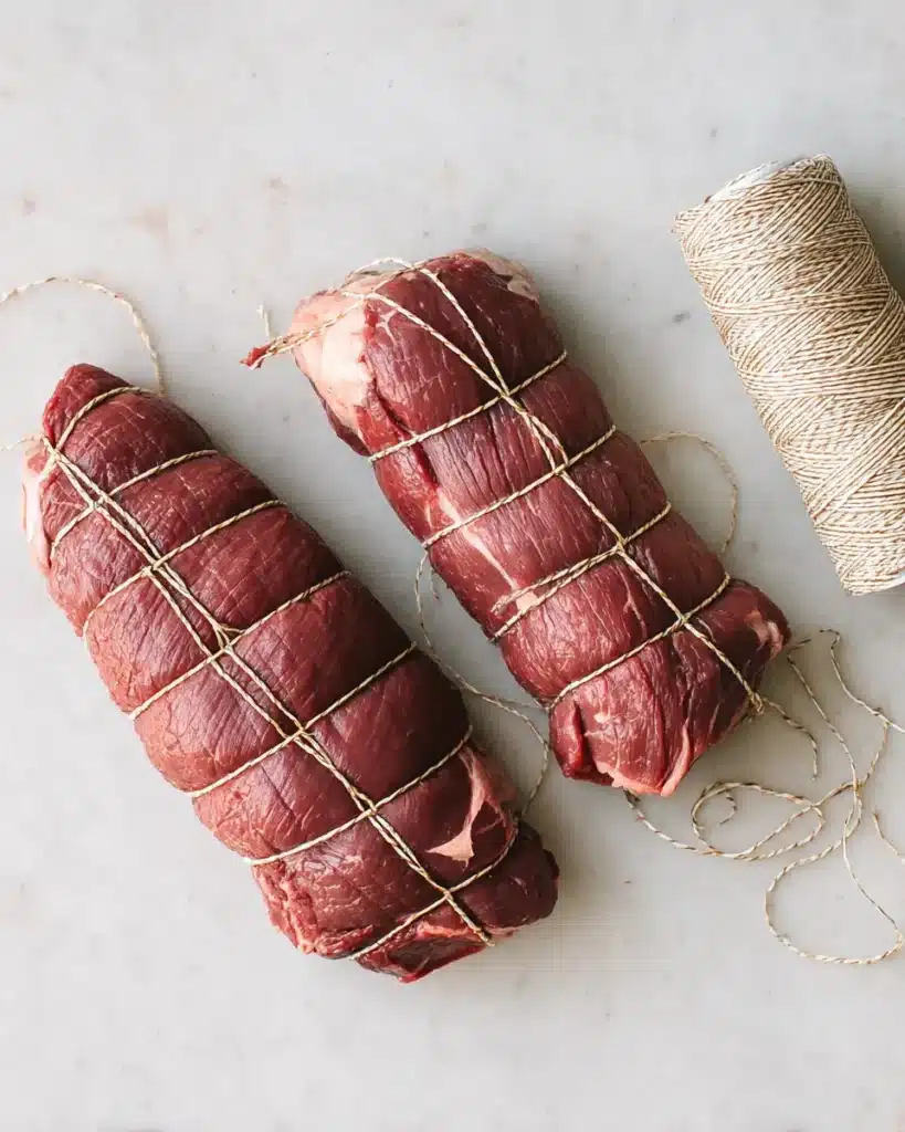 Beef tenderloin tied with twine before roasting