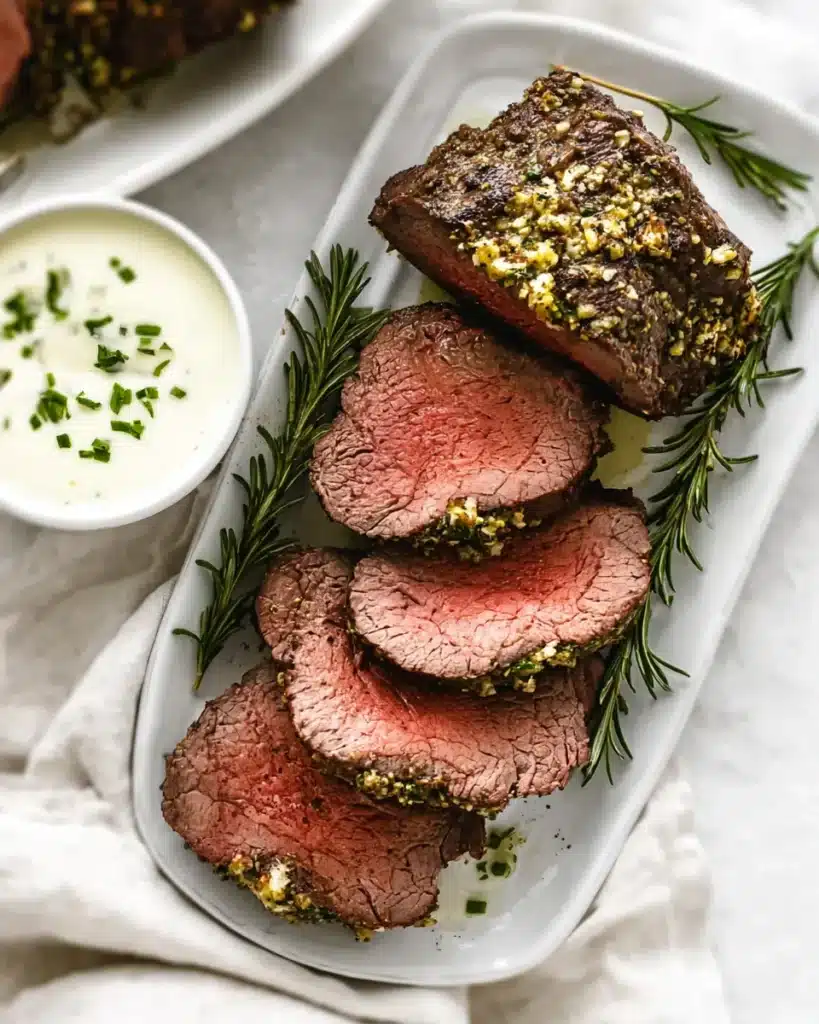 Juicy beef tenderloin roast with garlic herb crust and creamy horseradish sauce