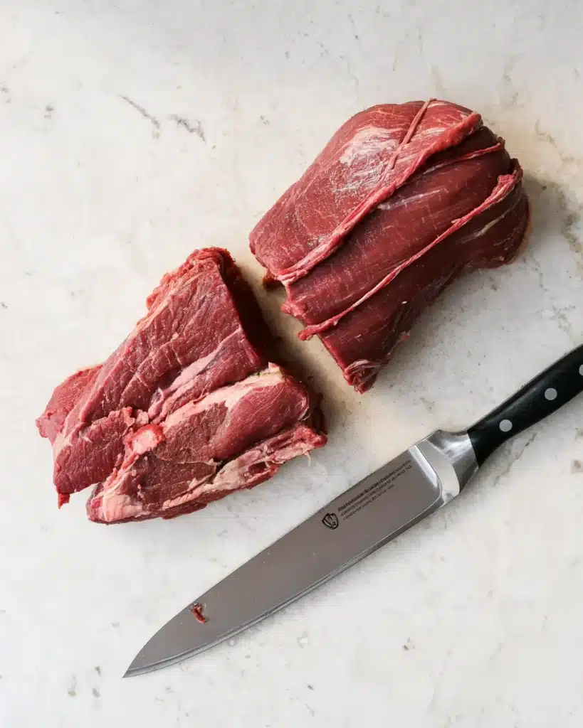 Raw beef tenderloin with knife on marble surface