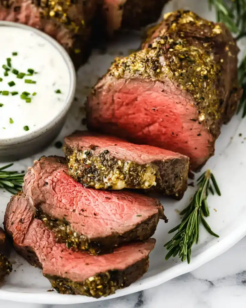 Sliced beef tenderloin roast with garlic herb crust and horseradish sauce