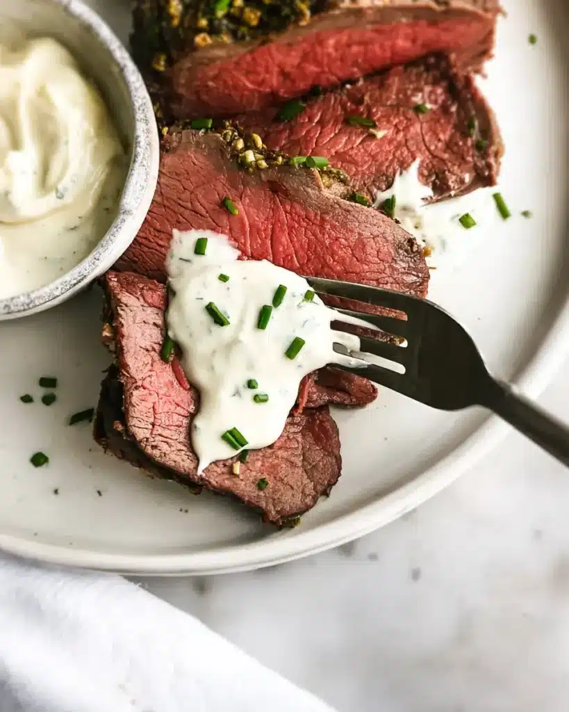 Sliced beef tenderloin with creamy horseradish sauce on plate