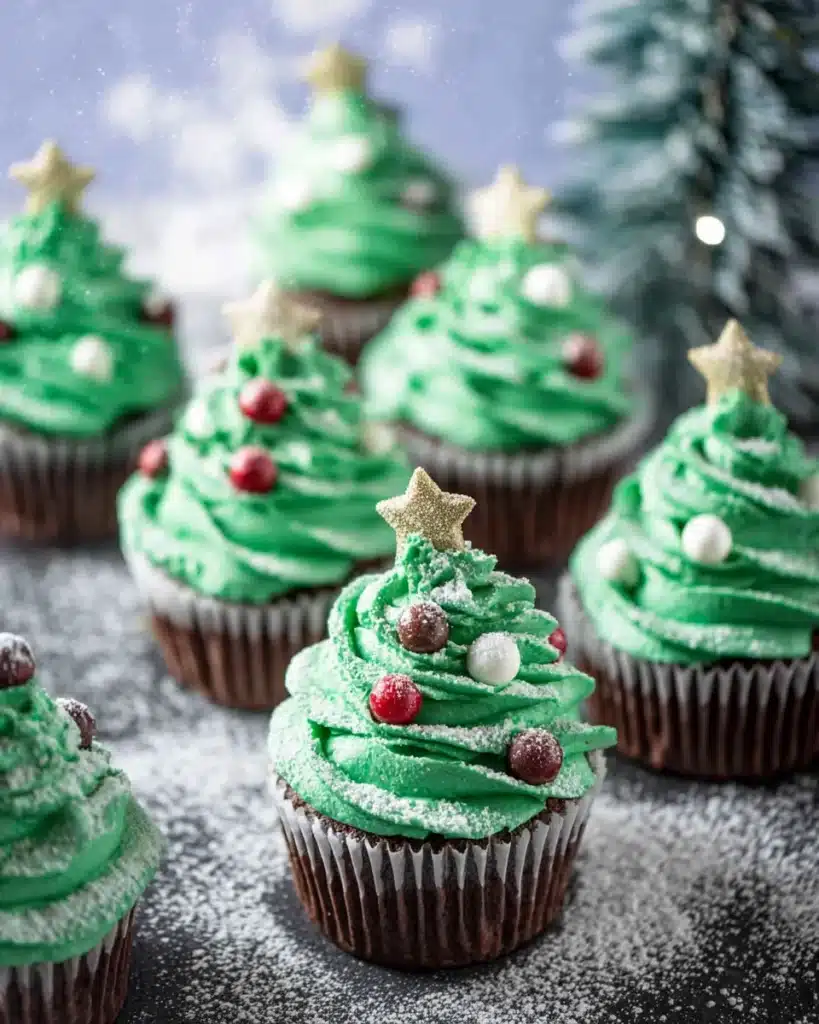 Christmas tree cupcakes with green frosting and powdered sugar snow