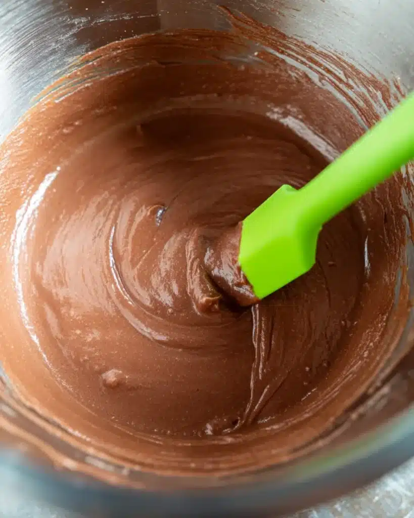 Chocolate cake batter mixed with green spatula in metal bowl