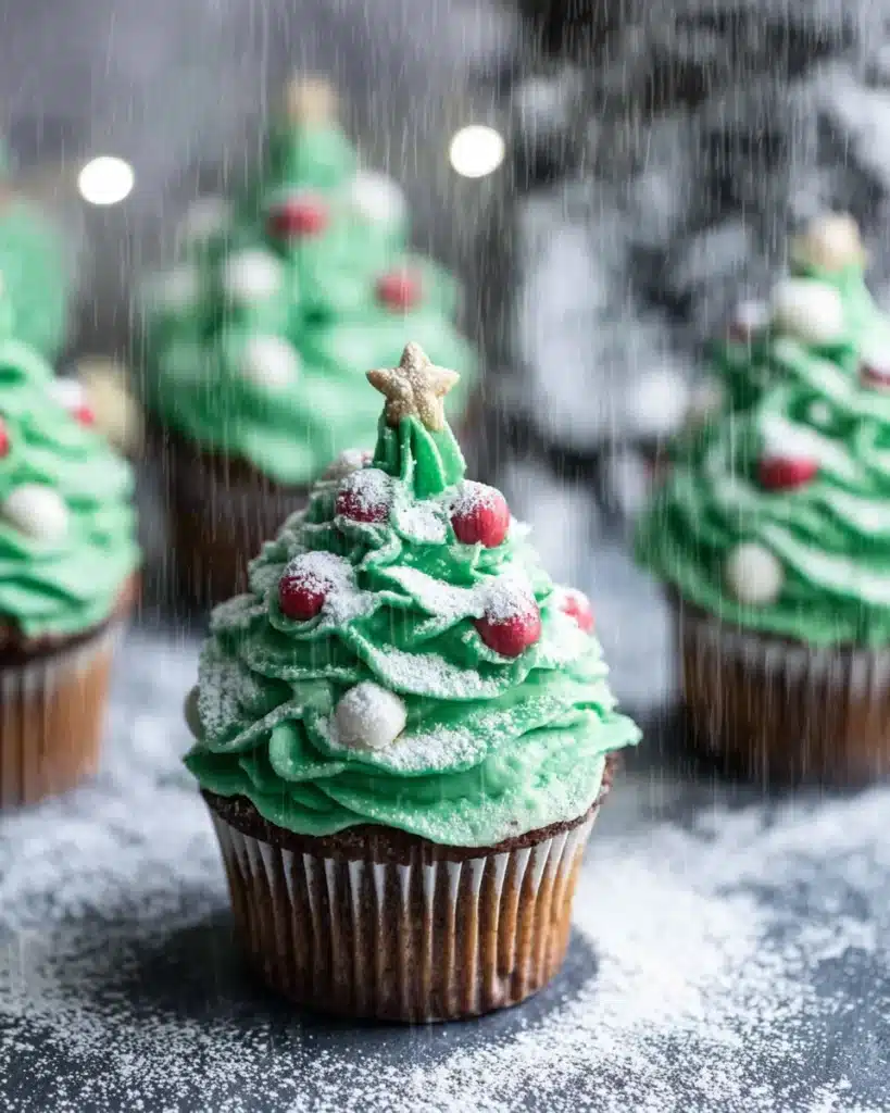 Easy Christmas tree cupcakes with green frosting and powdered sugar snow